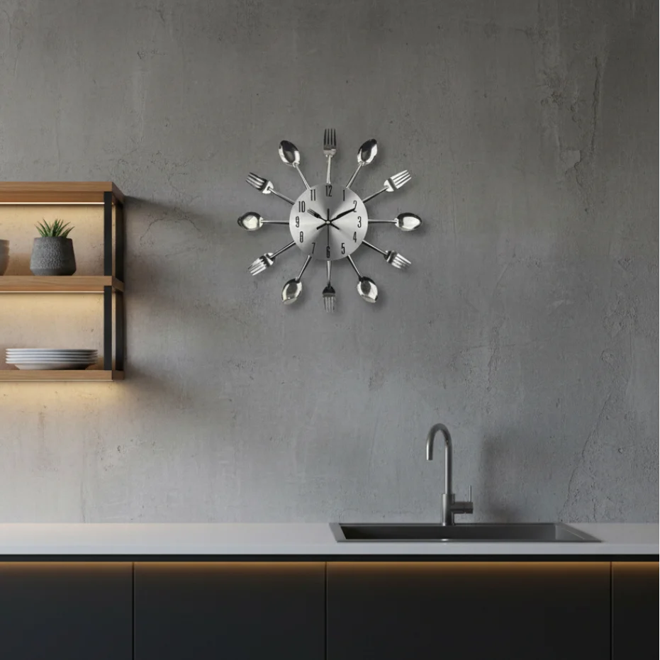 Kitchen Wall Clock Cutlery-Inspired Open Metal Silent Movement