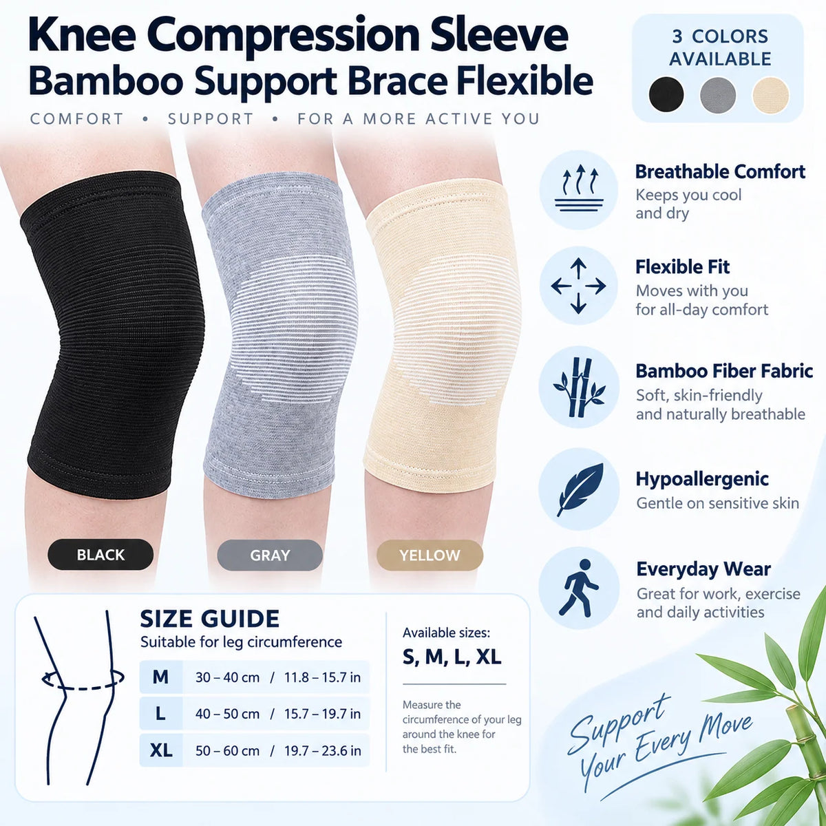 Knee Compression Sleeve Bamboo Fabric Breathable Flexible Support