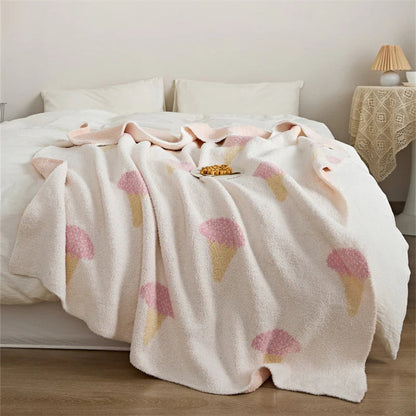Knit Throw Blanket Ice Cream Pattern Velvety Microfiber OEKO-TEX