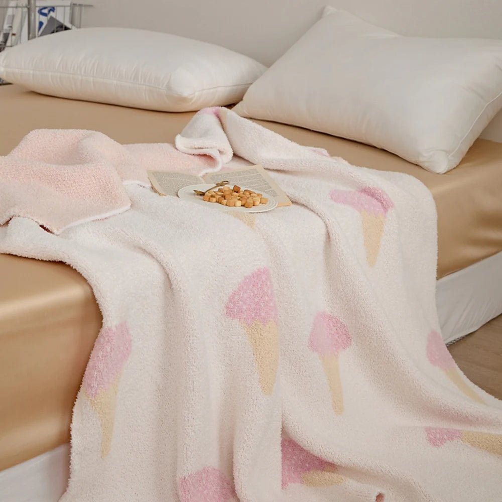 Knit Throw Blanket Ice Cream Pattern Velvety Microfiber OEKO-TEX