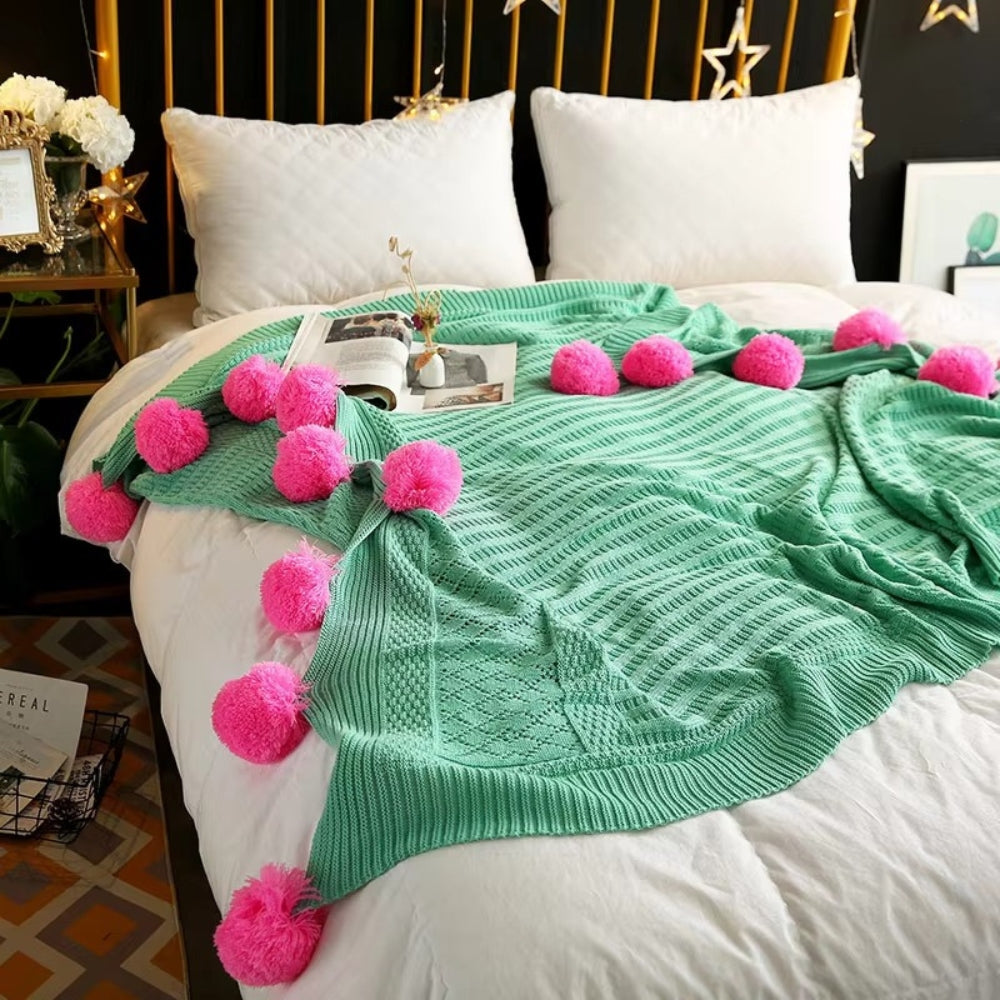 Knitted Throw Blanket Soft Microfiber & Oversized Pom-Poms