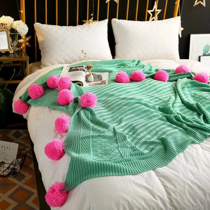Knitted Throw Blanket Soft Microfiber & Oversized Pom-Poms