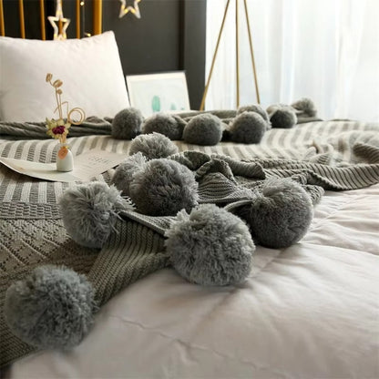 Knitted Throw Blanket Soft Microfiber & Oversized Pom-Poms