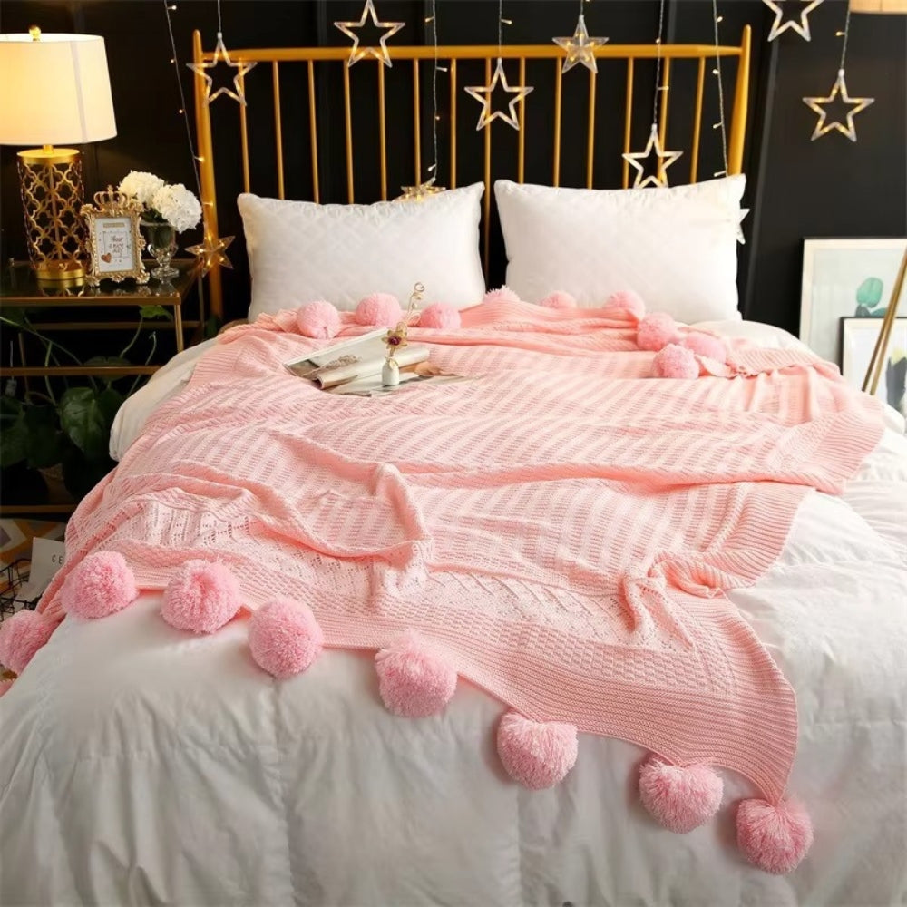 Knitted Throw Blanket Soft Microfiber & Oversized Pom-Poms