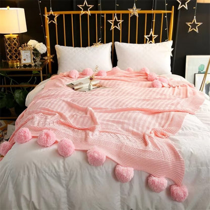Knitted Throw Blanket Soft Microfiber & Oversized Pom-Poms