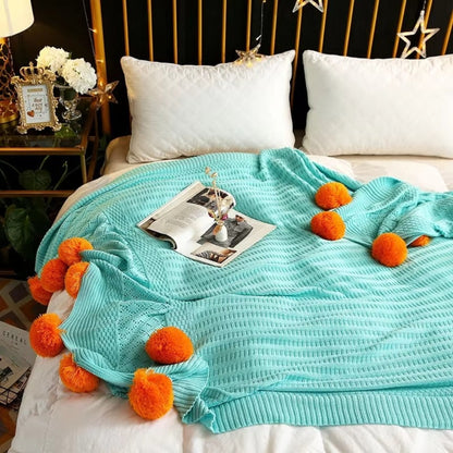 Knitted Throw Blanket Soft Microfiber & Oversized Pom-Poms