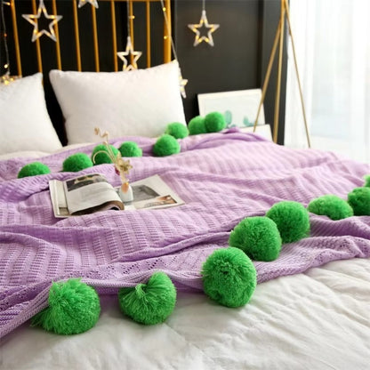 Knitted Throw Blanket Soft Microfiber & Oversized Pom-Poms