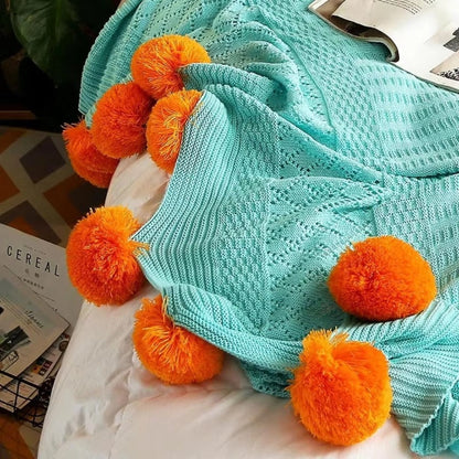 Knitted Throw Blanket Soft Microfiber & Oversized Pom-Poms