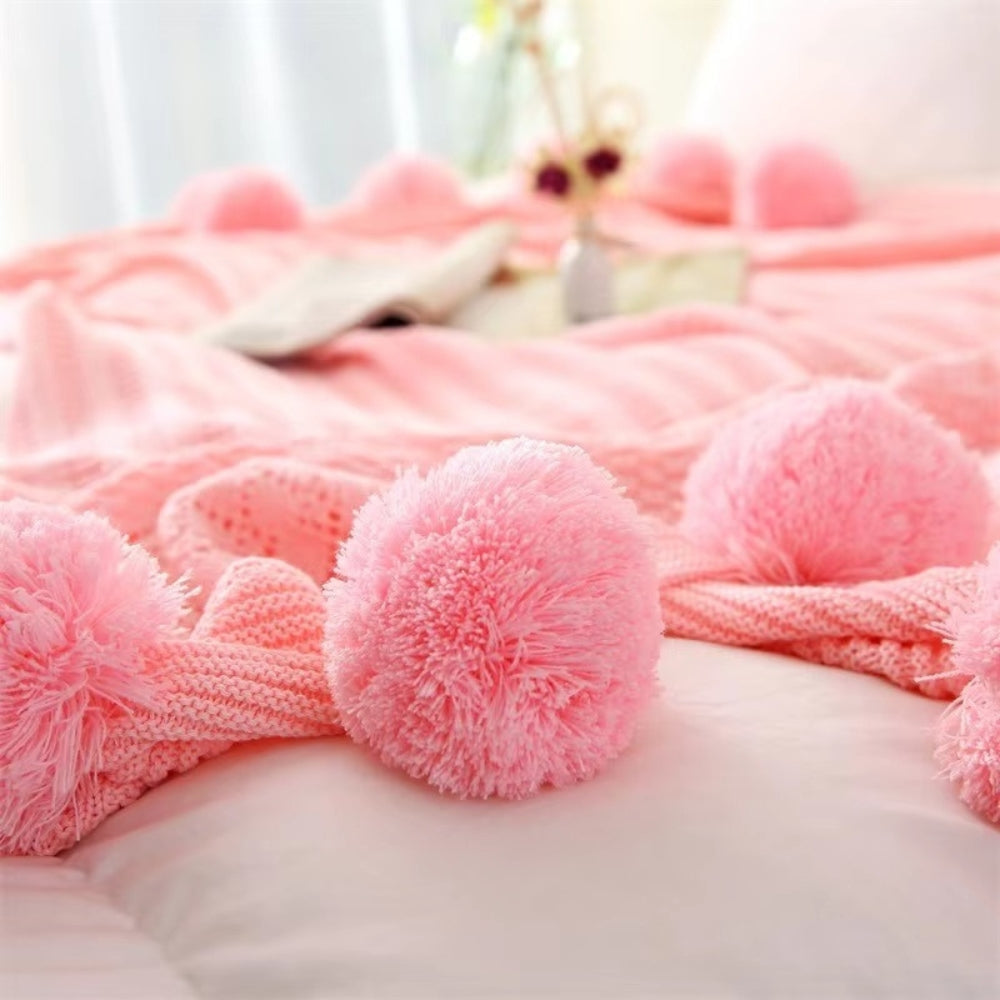 Knitted Throw Blanket Soft Microfiber & Oversized Pom-Poms