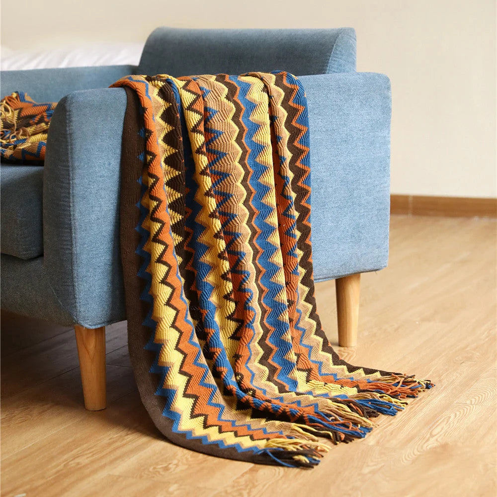 Knitted Throw Hand-Knitted Chevron Pattern Fringed Edges