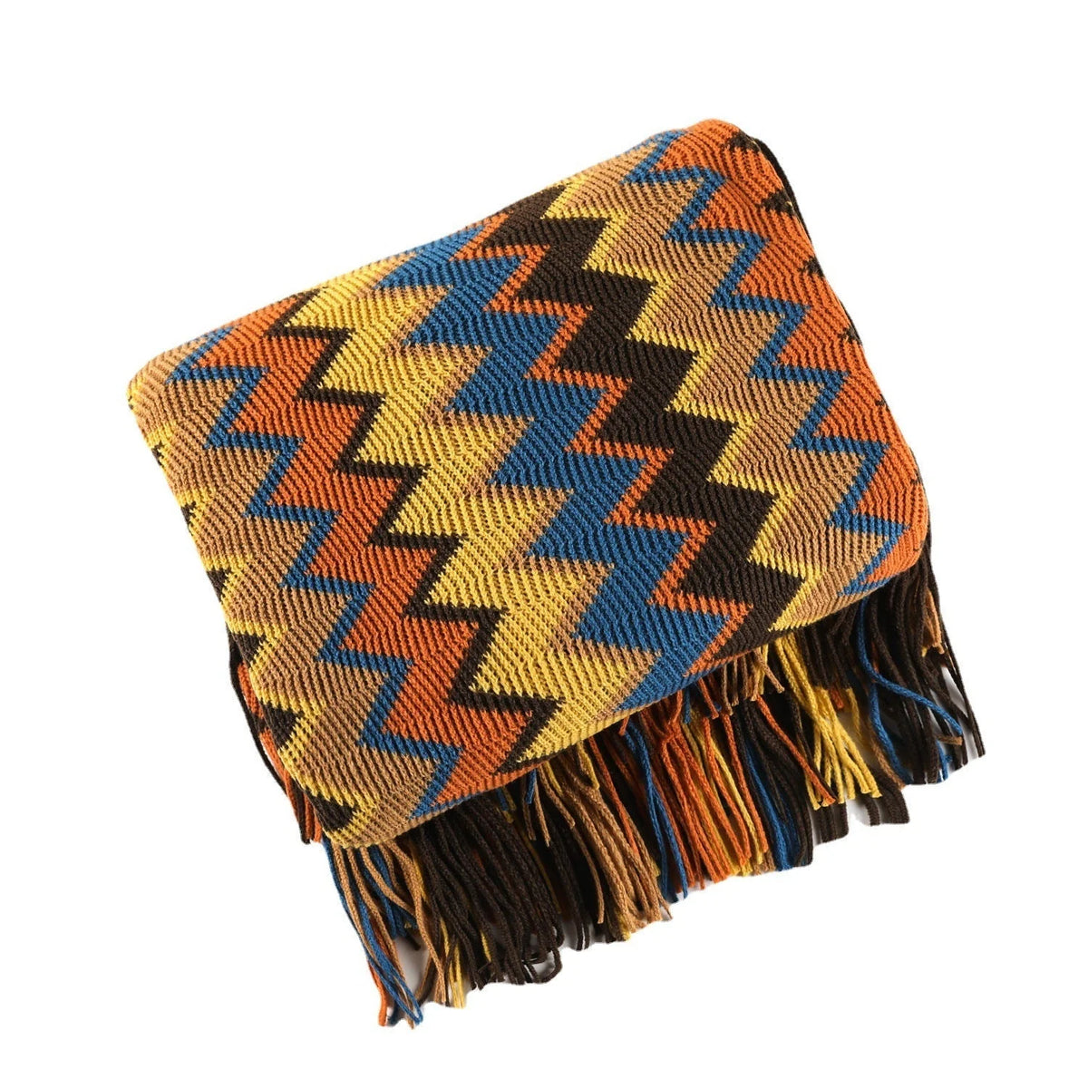 Knitted Throw Hand-Knitted Chevron Pattern Fringed Edges