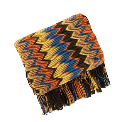 Knitted Throw Hand-Knitted Chevron Pattern Fringed Edges