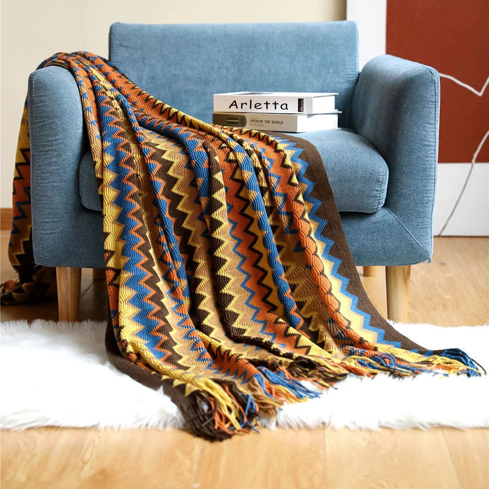 Knitted Throw Hand-Knitted Chevron Pattern Fringed Edges