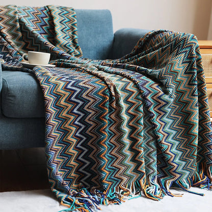 Knitted Throw Hand-Knitted Chevron Pattern Fringed Edges