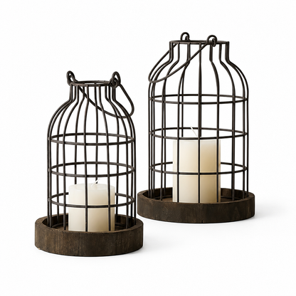 Lantern Set 2-Piece Rustic Open Wire Cage