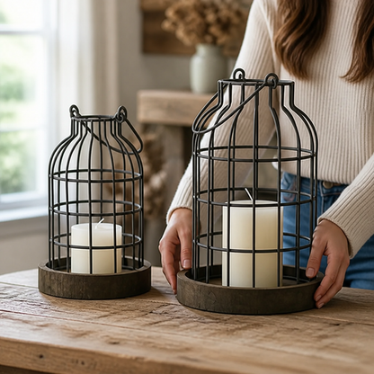 Lantern Set 2-Piece Rustic Open Wire Cage
