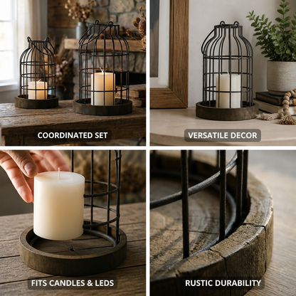 Lantern Set 2-Piece Rustic Open Wire Cage