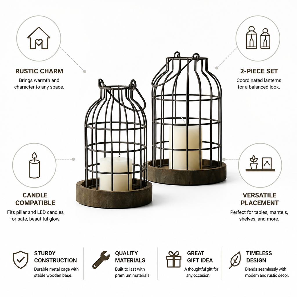 Lantern Set 2-Piece Rustic Open Wire Cage
