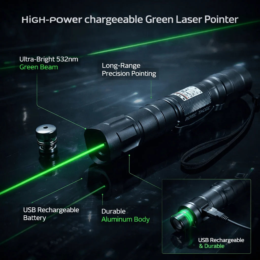 Laser Pointer Green USB Rechargeable 6,562-Ft Range