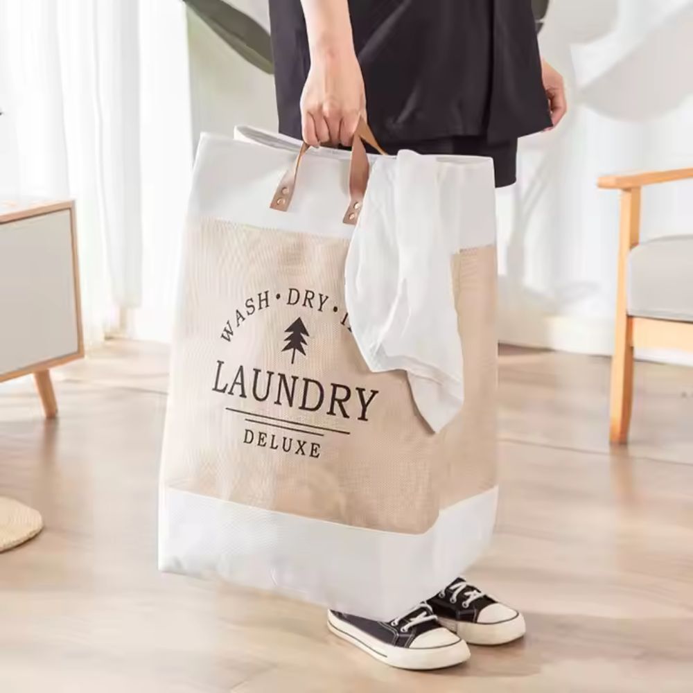 Laundry Basket Collapsible Freestanding Microfibre Faux Leather Handles