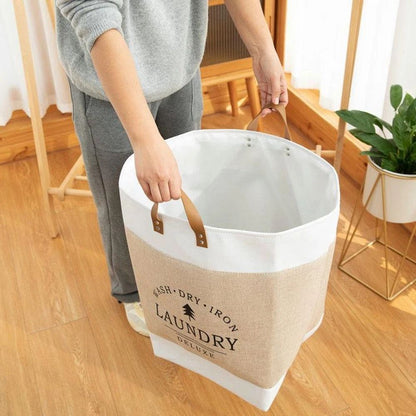 Laundry Basket Collapsible Freestanding Microfibre Faux Leather Handles