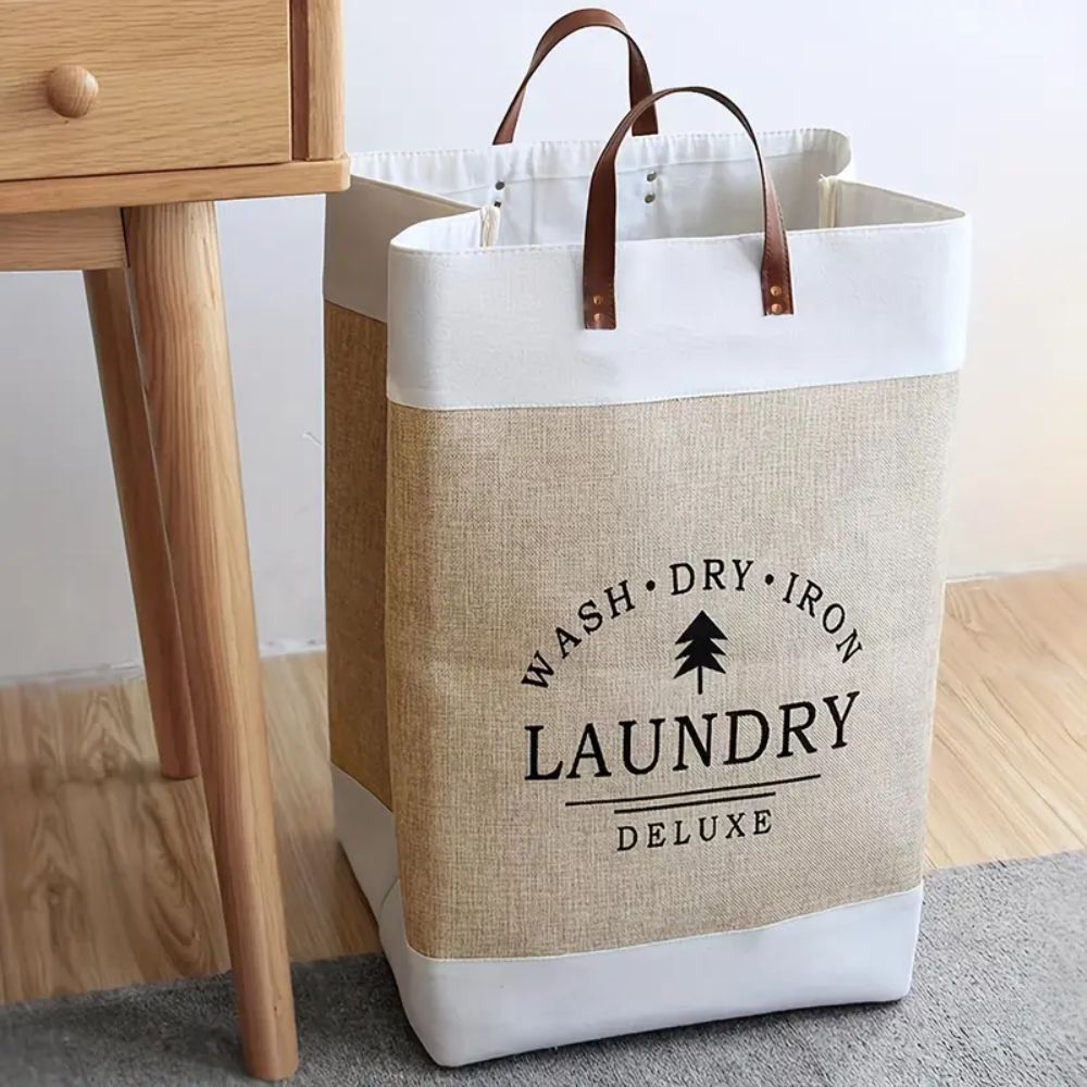 Laundry Basket Collapsible Freestanding Microfibre Faux Leather Handles