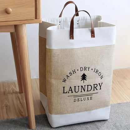 Laundry Basket Collapsible Freestanding Microfibre Faux Leather Handles