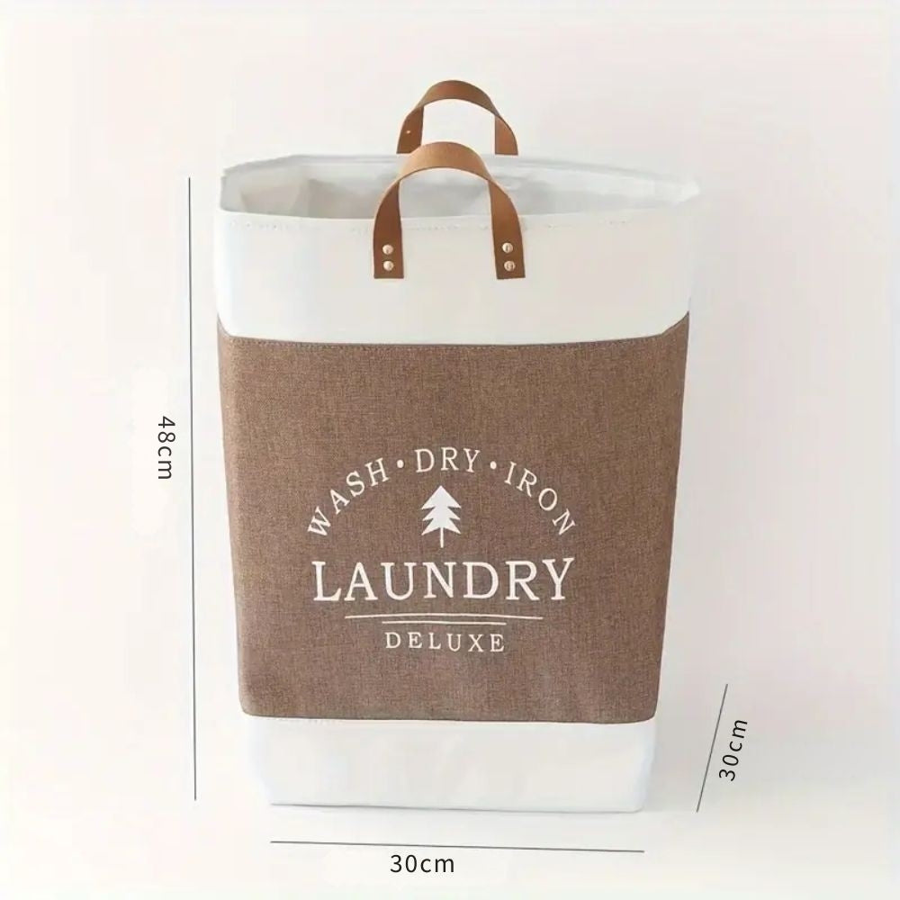 Laundry Basket Collapsible Freestanding Microfibre Faux Leather Handles