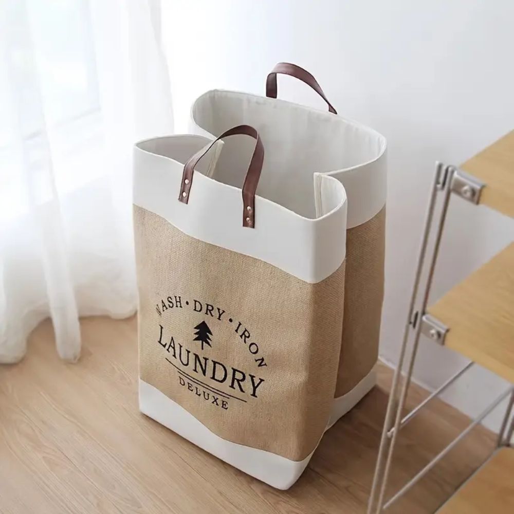 Laundry Basket Collapsible Freestanding Microfibre Faux Leather Handles