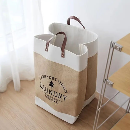 Laundry Basket Collapsible Freestanding Microfibre Faux Leather Handles