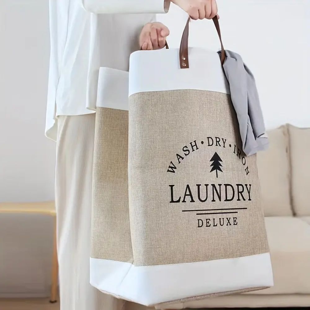 Laundry Basket Collapsible Freestanding Microfibre Faux Leather Handles