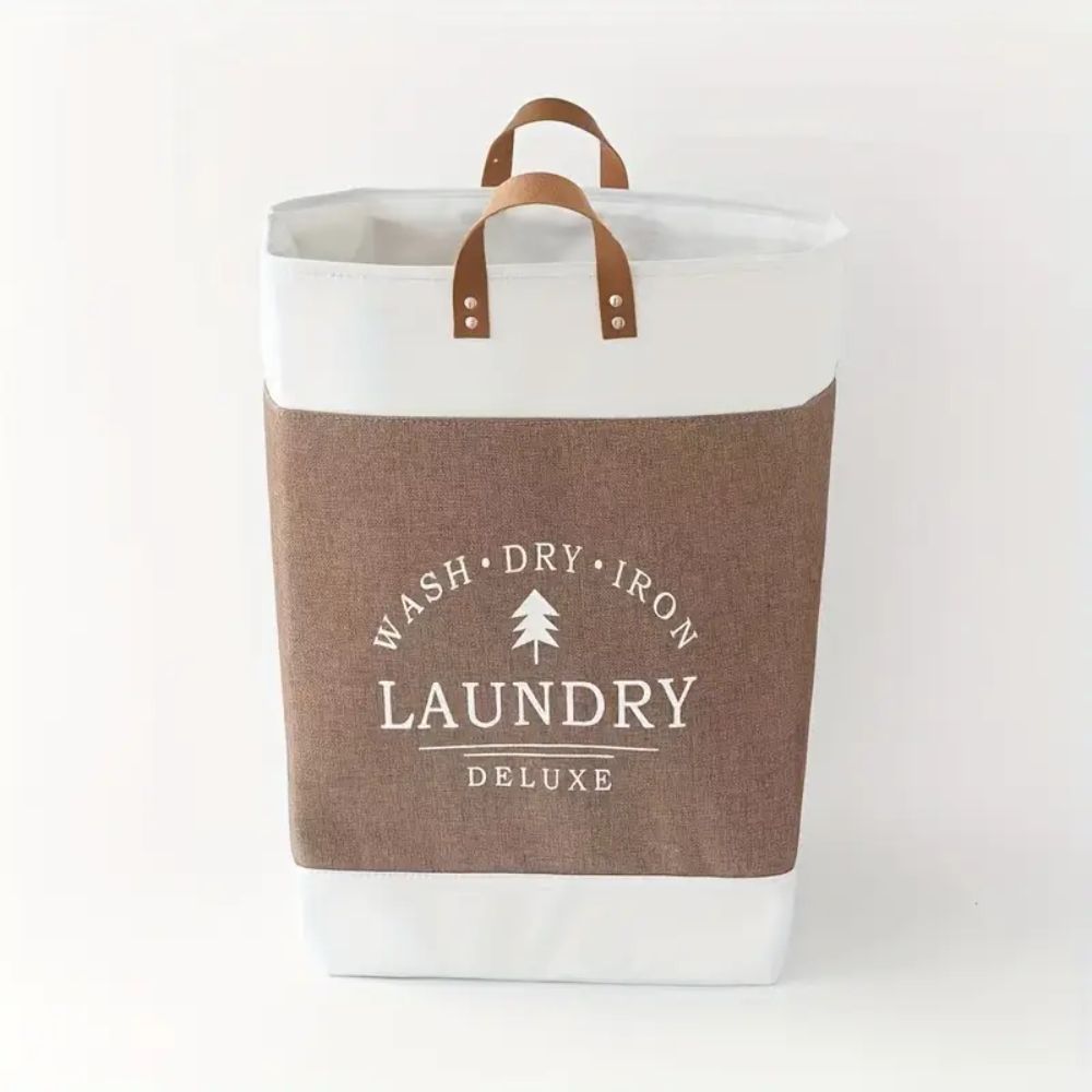 Laundry Basket Collapsible Freestanding Microfibre Faux Leather Handles