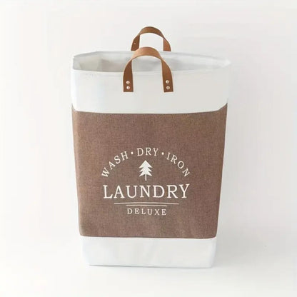 Laundry Basket Collapsible Freestanding Microfibre Faux Leather Handles