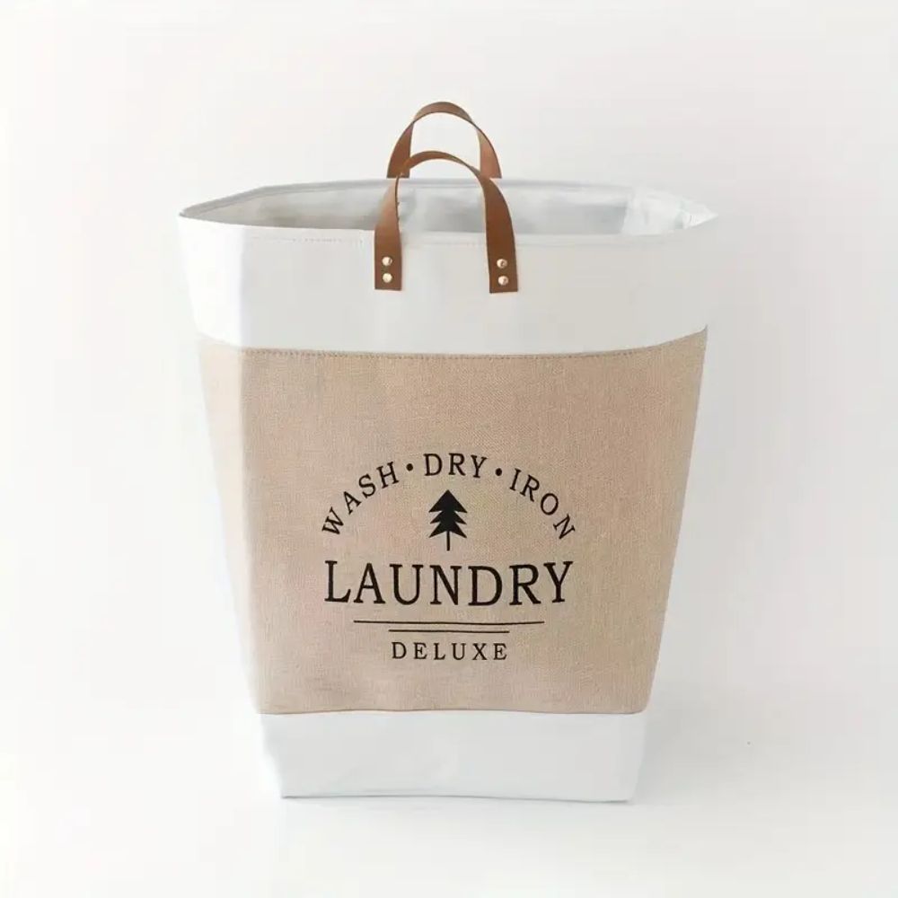Laundry Basket Collapsible Freestanding Microfibre Faux Leather Handles