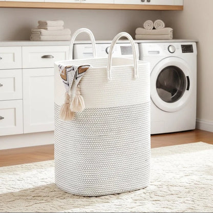 Laundry Basket Woven Cotton Foldable With Carry Handles