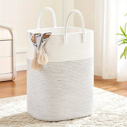 Laundry Basket Woven Cotton Foldable With Carry Handles