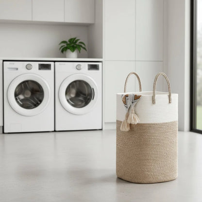 Laundry Basket Woven Cotton Foldable With Carry Handles