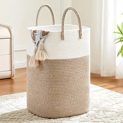 Laundry Basket Woven Cotton Foldable With Carry Handles