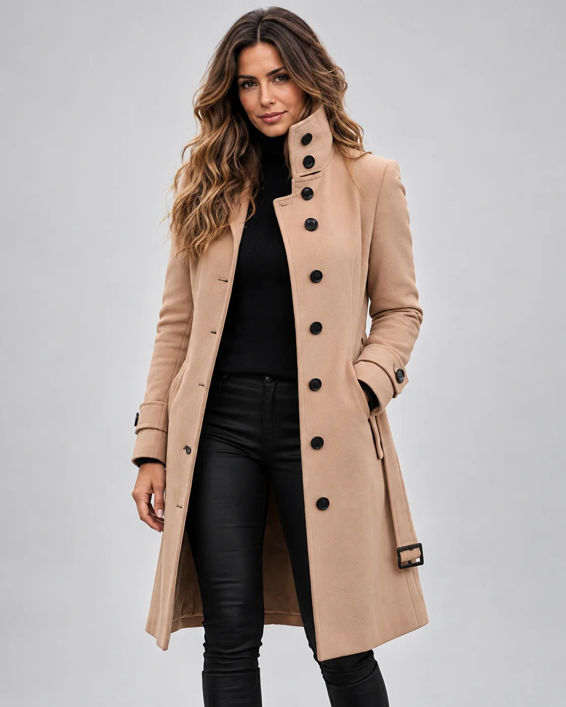 Long Coat Wool Blend High Collar Buckled Waist Tab