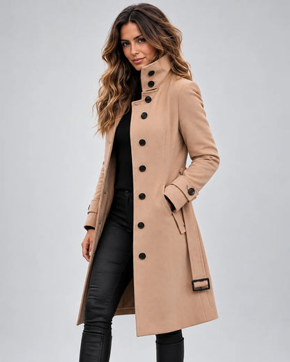 Long Coat Wool Blend High Collar Buckled Waist Tab