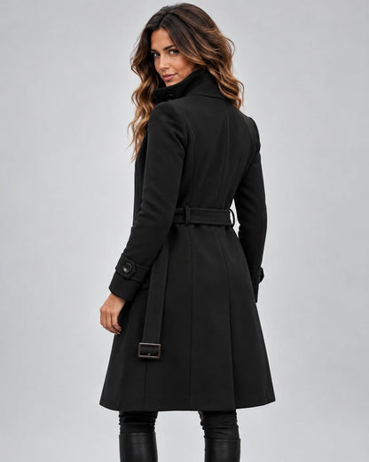 Long Coat Wool Blend High Collar Buckled Waist Tab