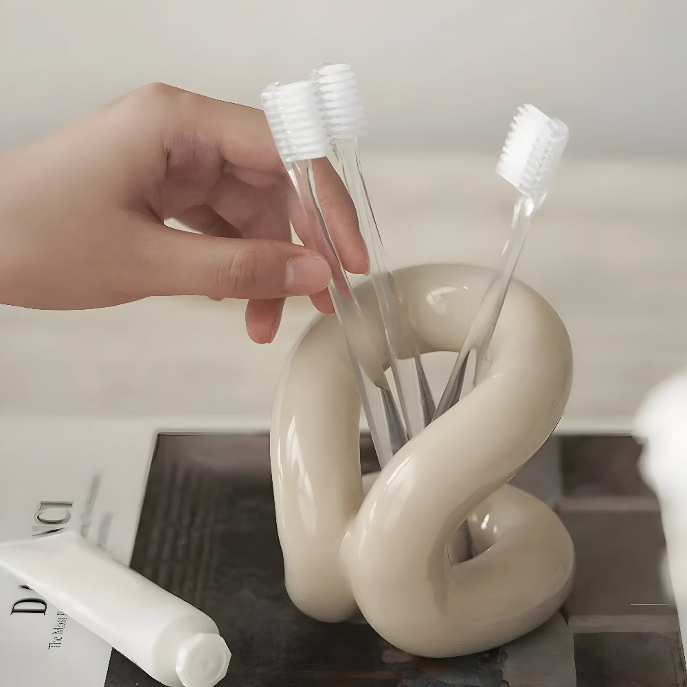 Makeup Brush Holder Ceramic Rope-Knot Countertop Organizer