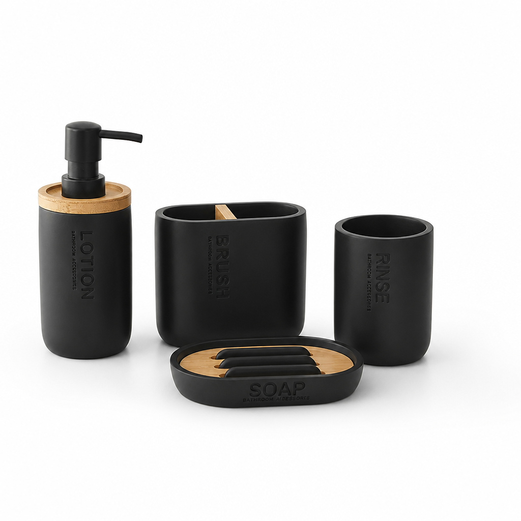 Matte Black & Bamboo Bathroom Accessories Set (4-Piece)