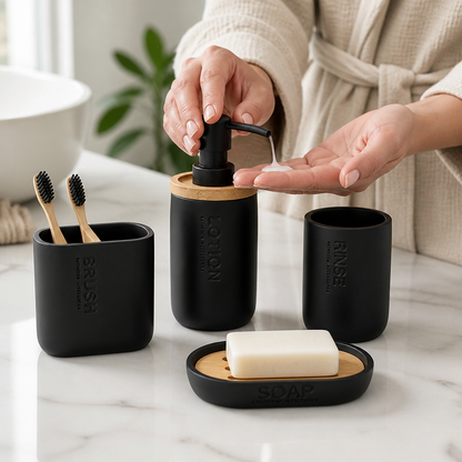 Matte Black & Bamboo Bathroom Accessories Set (4-Piece)