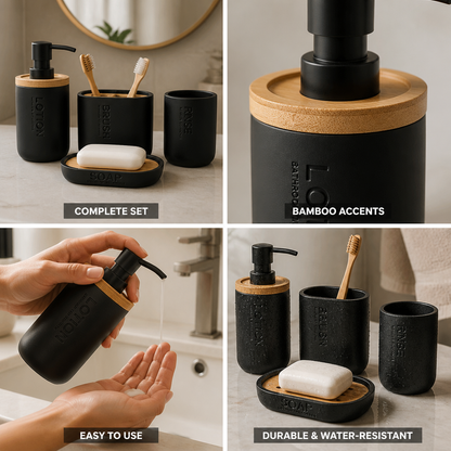 Matte Black & Bamboo Bathroom Accessories Set (4-Piece)
