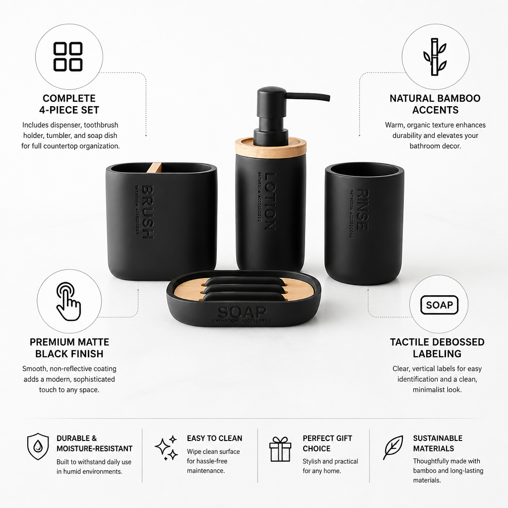 Matte Black & Bamboo Bathroom Accessories Set (4-Piece)