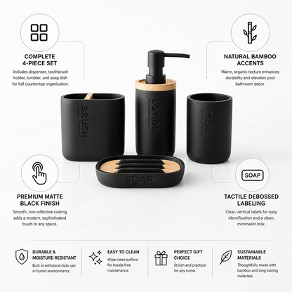 Matte Black & Bamboo Bathroom Accessories Set (4-Piece)