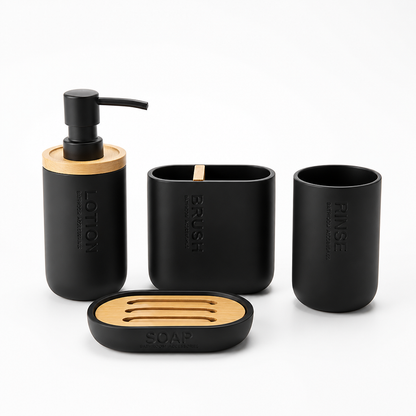 Matte Black & Bamboo Bathroom Accessories Set (4-Piece)