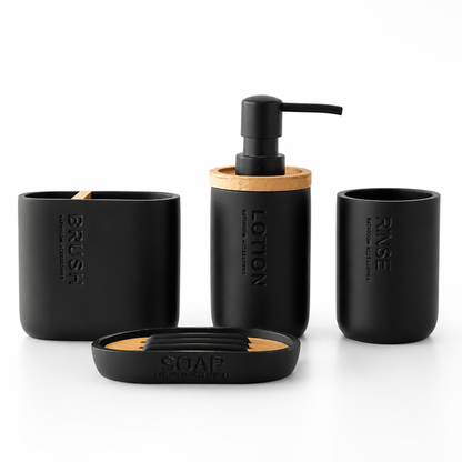 Matte Black & Bamboo Bathroom Accessories Set (4-Piece)