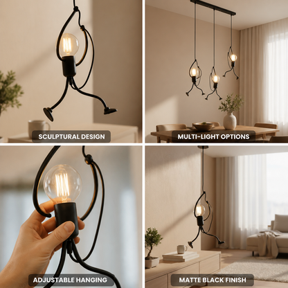Matte Black Climbing Figure Exposed Bulb Pendant Light (Single Or 3-Light)